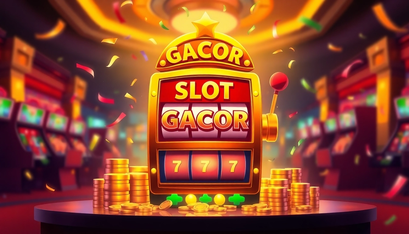 Spin the vibrant Slot Gacor machine, surrounded by coins and confetti in a lively casino.