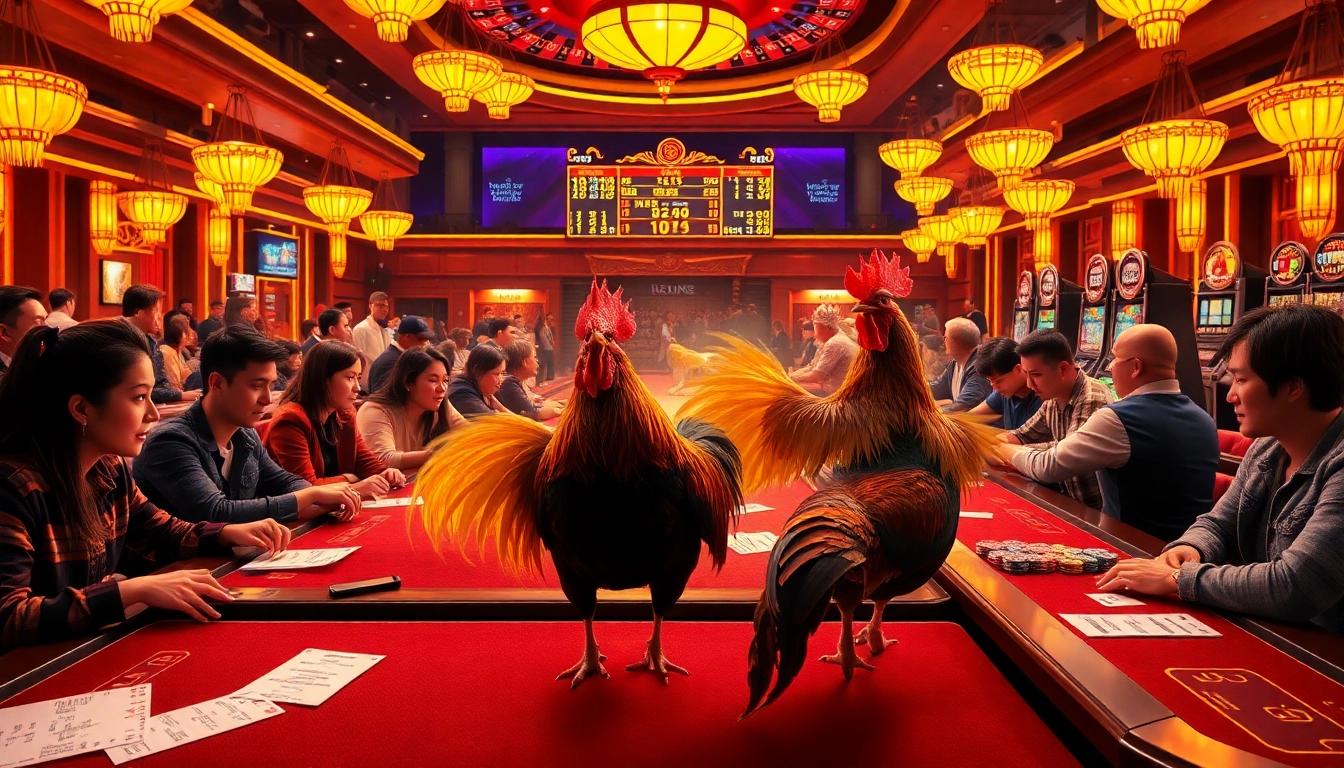 Experience the electrifying xem đá gà thomo action as fans cheer at a bustling casino venue.