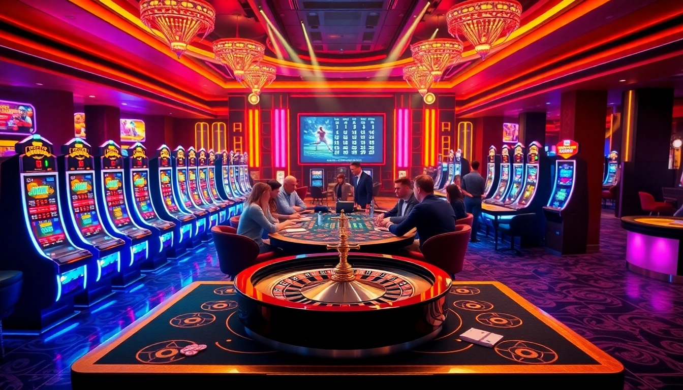 Dynamic casino setting at https://nohu90g.com featuring players at a roulette table amidst colorful slot machines and vibrant lighting.