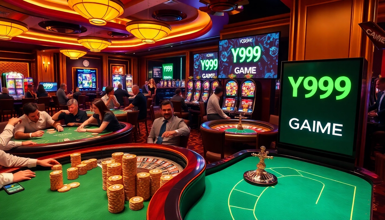 The Y999 Game brings excitement to a vibrant casino filled with players at poker and roulette tables.