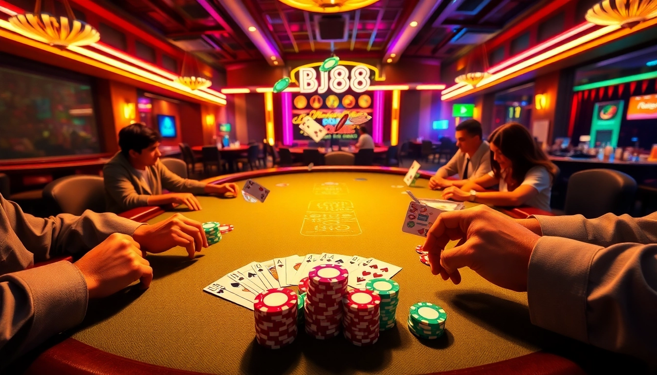 Experience the thrill of BJ88 thomo as players engage in intense poker action with vibrant casino elements.