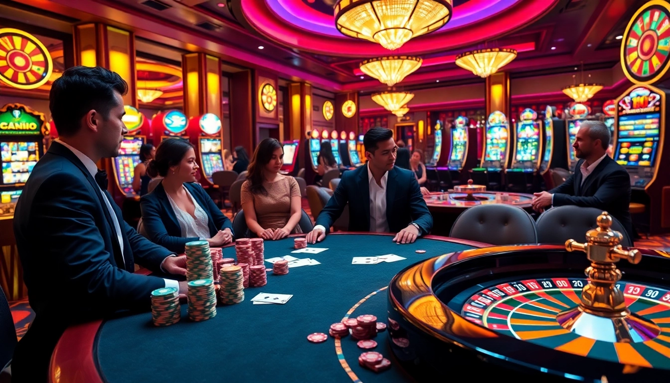 Experience the excitement of character ai +18 in a vibrant casino scene with players at poker tables and dynamic slot machines.
