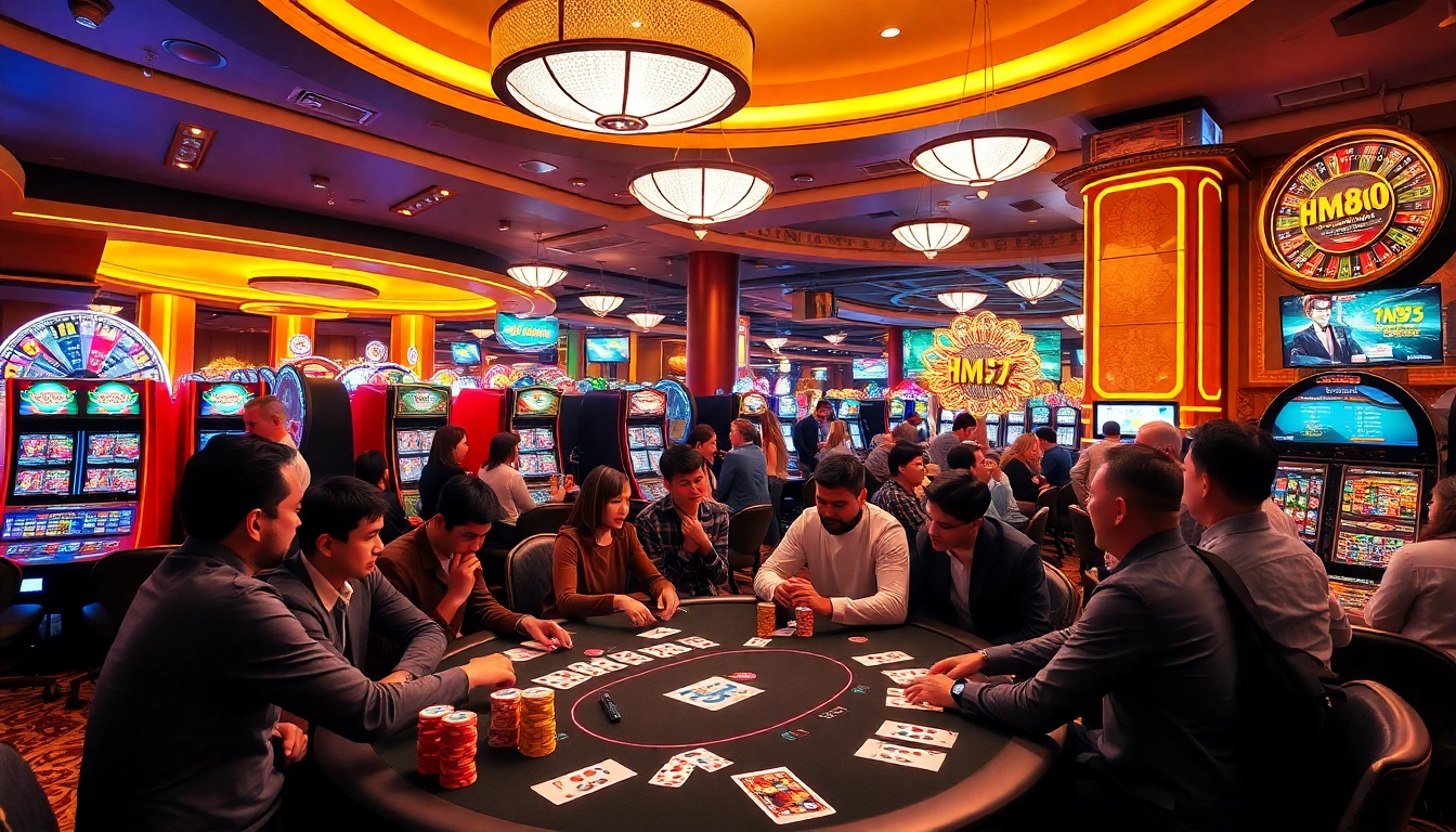 Players enjoying a thrilling game at the hm88. casino, surrounded by slot machines and poker chips.