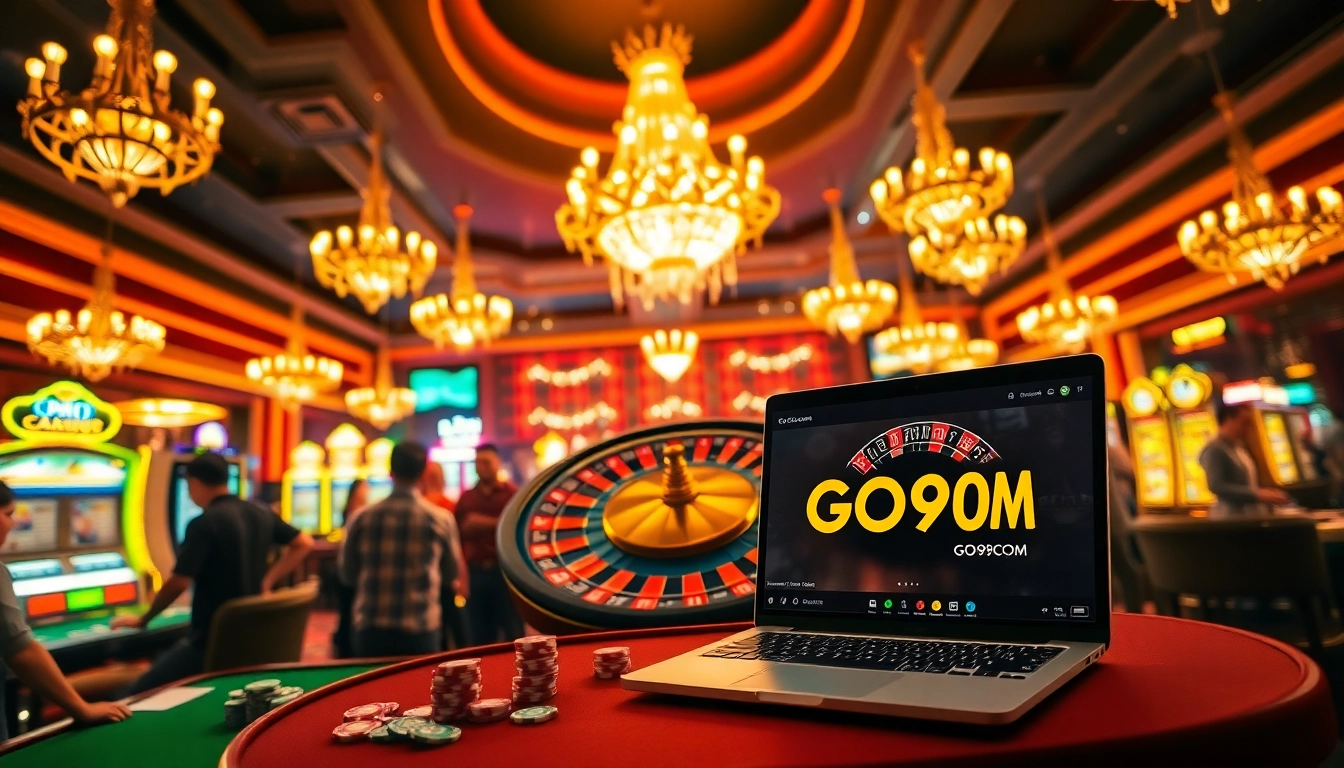 Players enjoying vibrant casino action with the GO99COM theme, featuring roulette, poker chips, and slot machines.