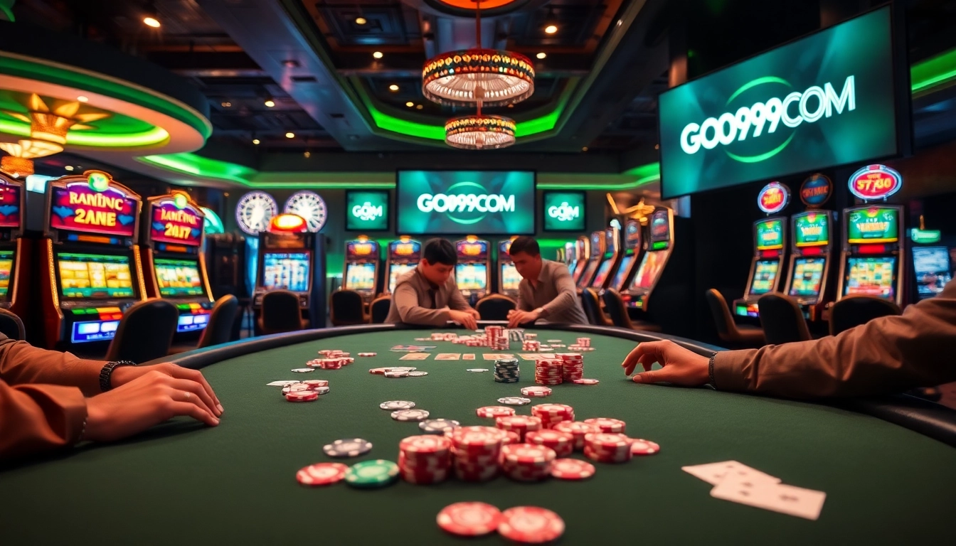 Players enjoying an exciting poker game at GO99COM, surrounded by vibrant casino elements.