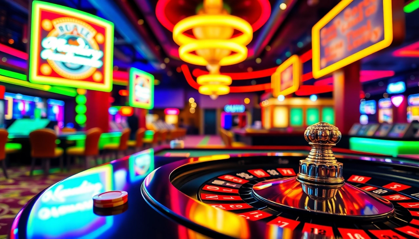 Experience the thrill of the QQ88 CASINO with an exciting roulette table and vibrant neon lighting.